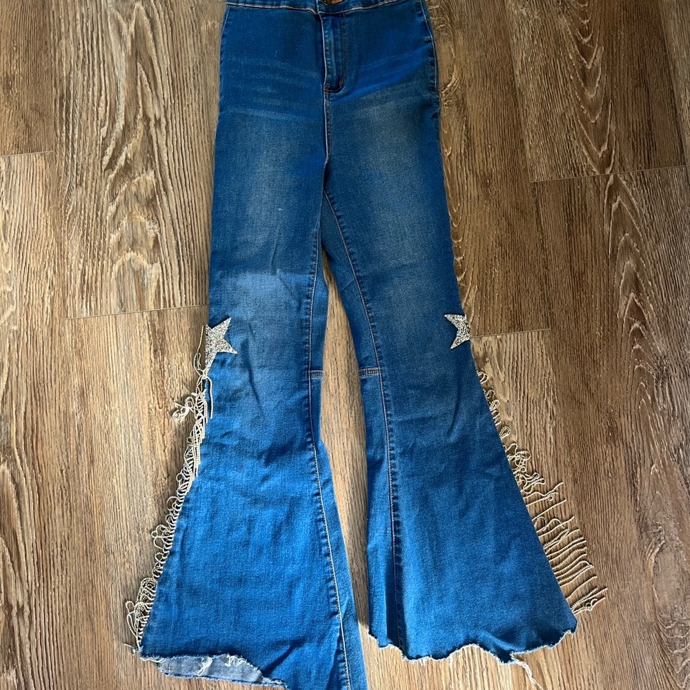 Ankle Cutoff flare bell bottom jeans fringe rhinestone
